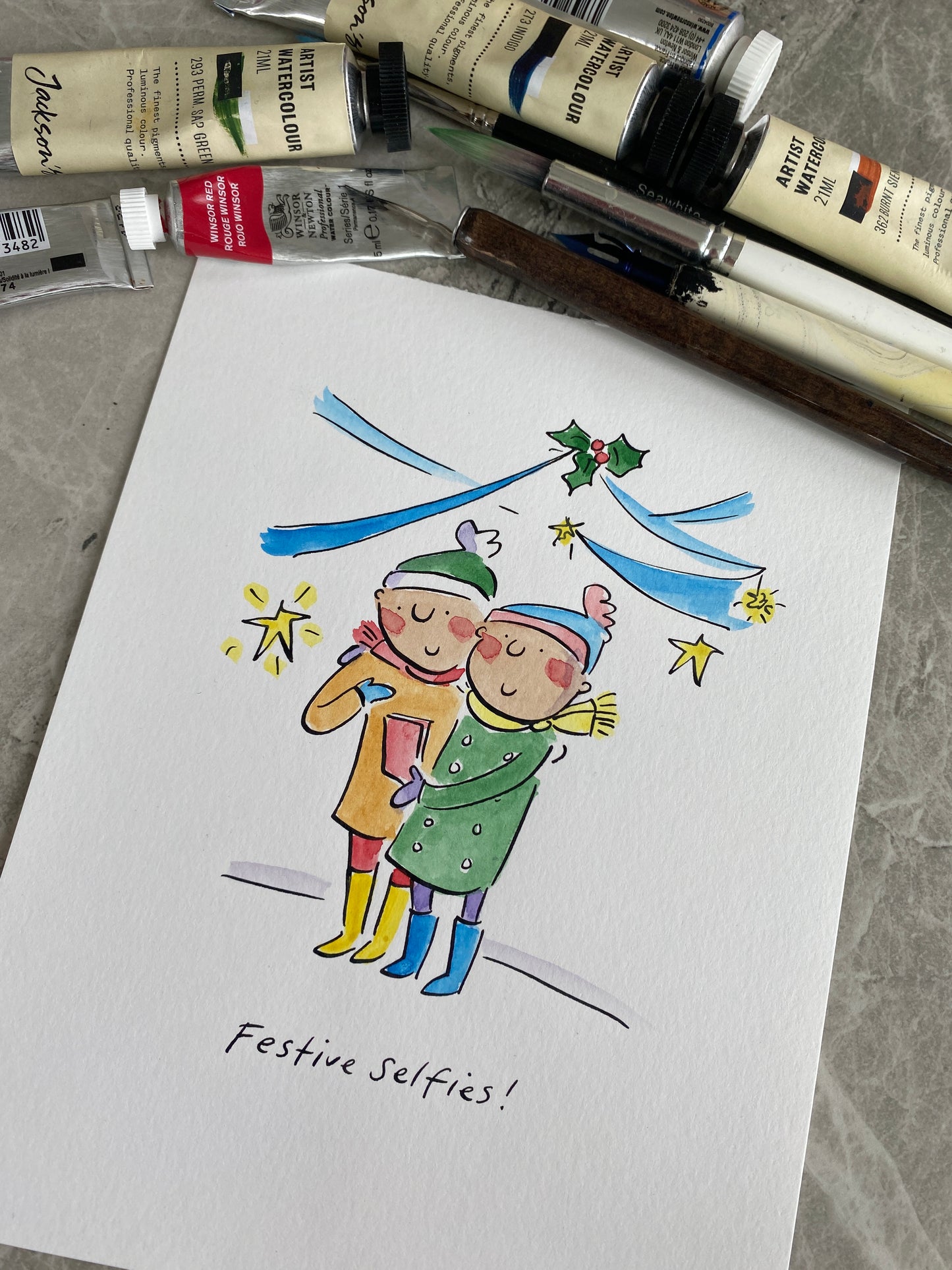Festive Selfies original pen and ink and watercolour illustration by Rosie Brooks