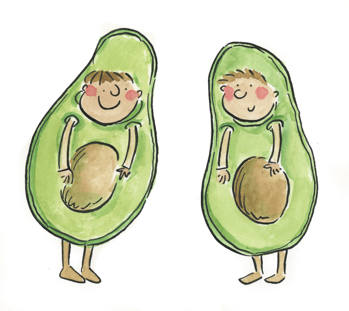 Avocados original pen and ink and watercolour illustration by Rosie Brooks