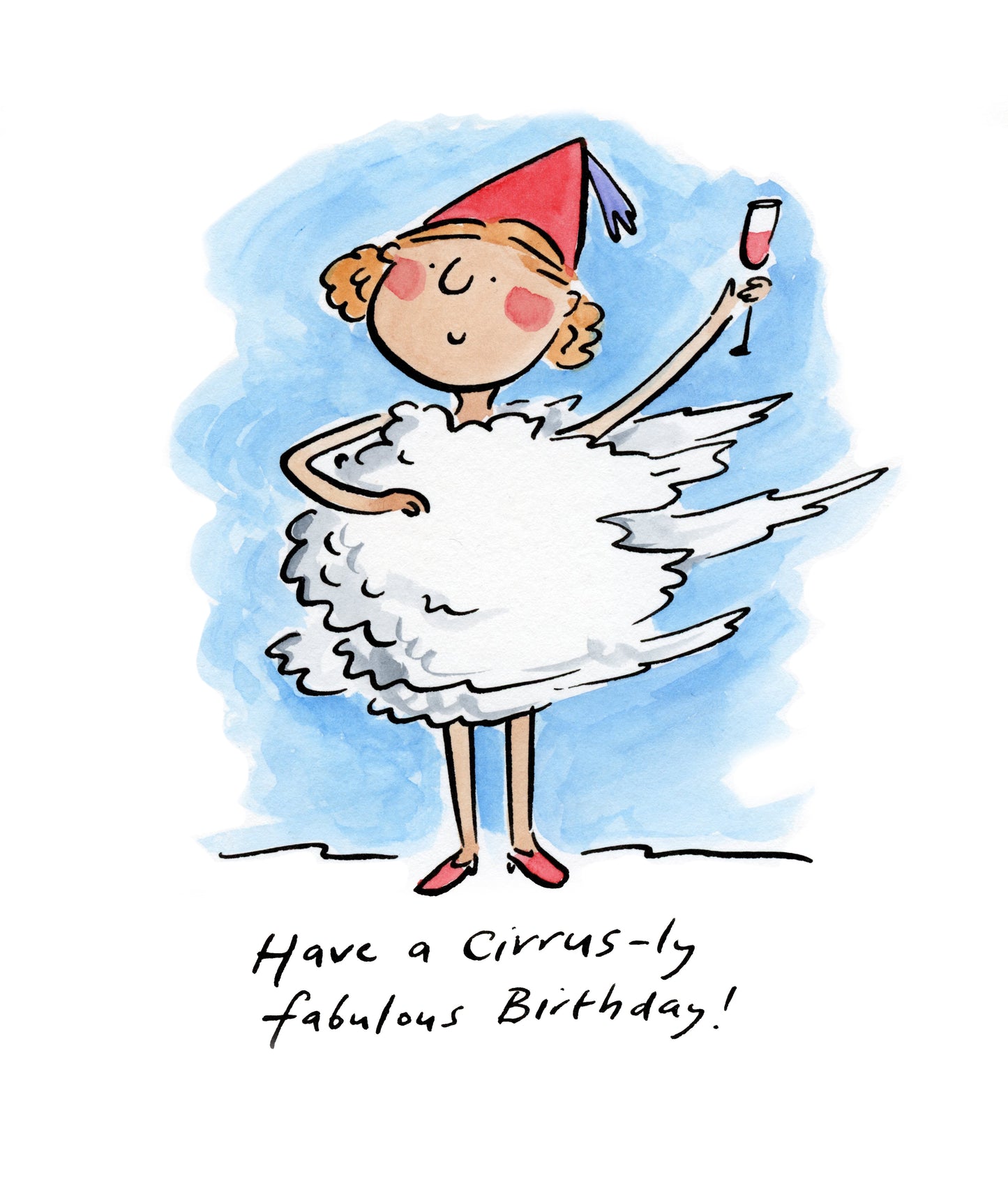 Cirrusly happy birthday original pen and ink and watercolour illustration by Rosie Brooks