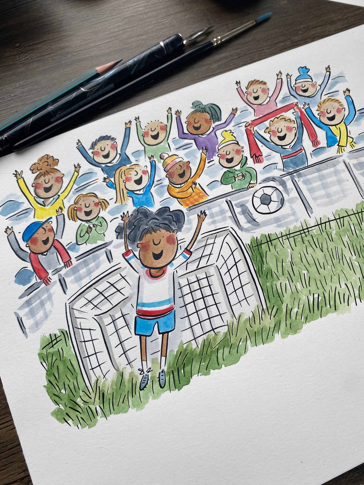 Goal! original pen and ink and watercolour illustration by Rosie Brooks