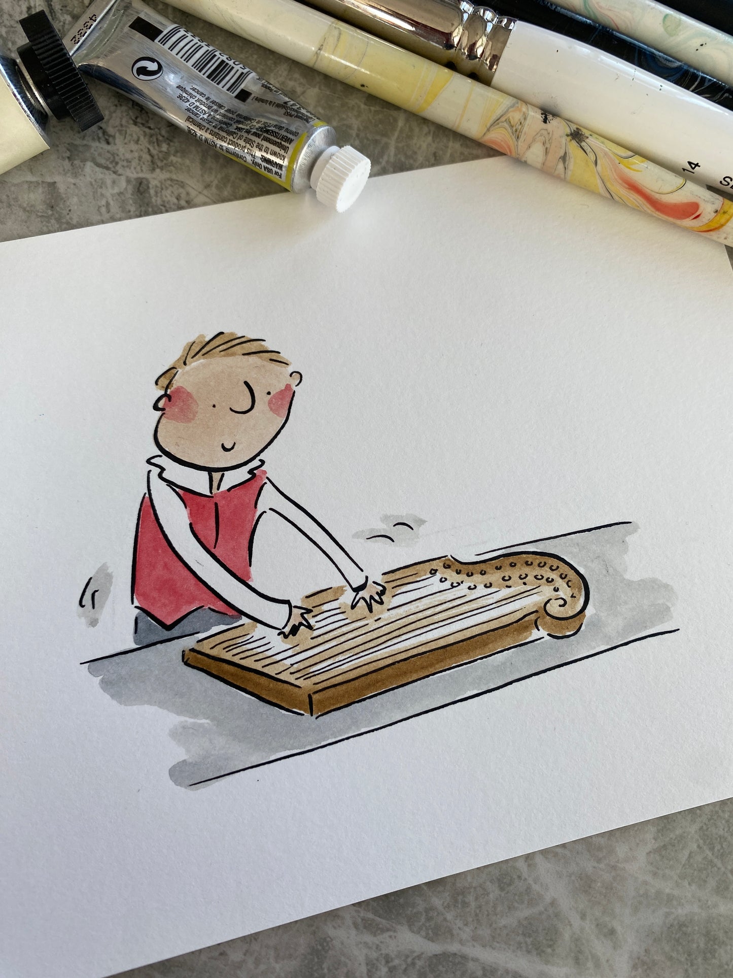 Zither original pen and ink and watercolour illustration by Rosie Brooks