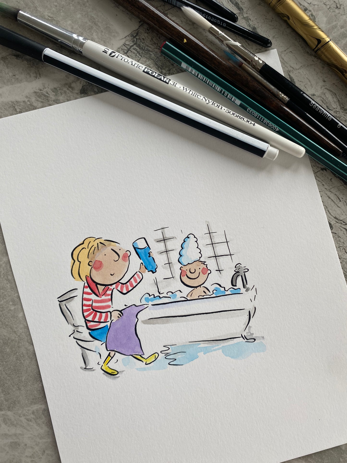 Bathtime with mum original pen and ink and watercolour illustration by Rosie Brooks