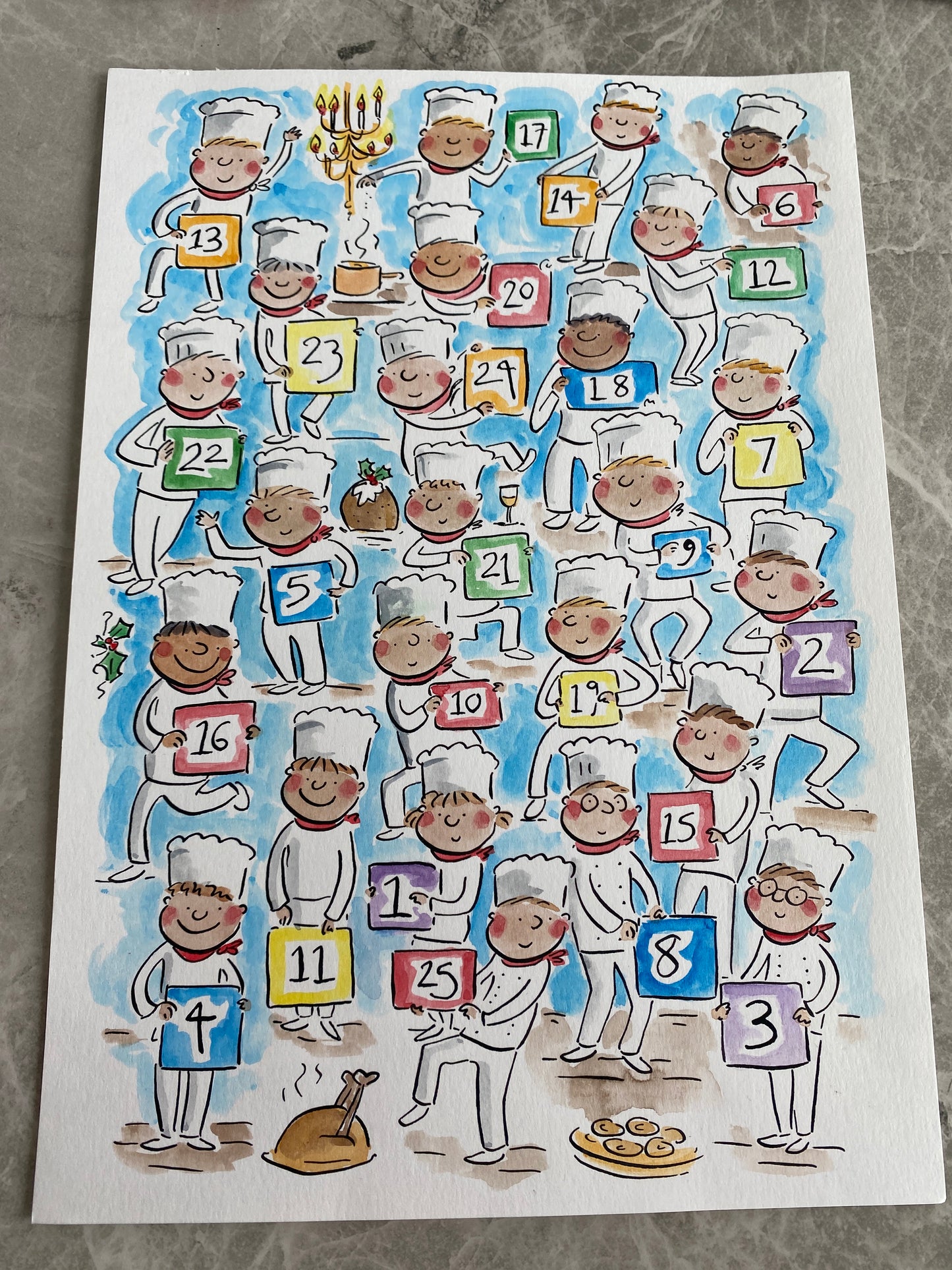 Chefs Advent Calendar original illustration in pen and ink and watercolour by Rosie Brooks