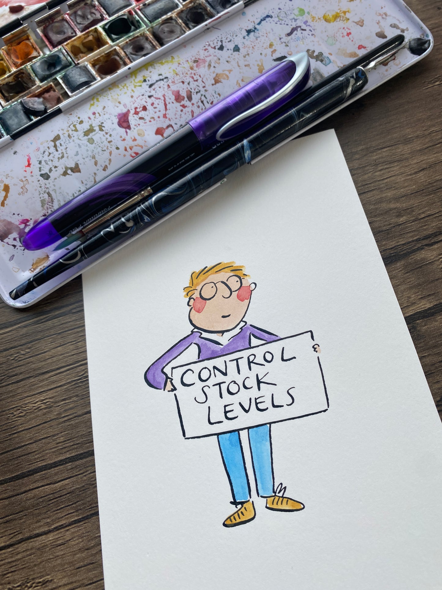 Control Stock Levels original illustration in pen and ink and watercolour by Rosie Brooks