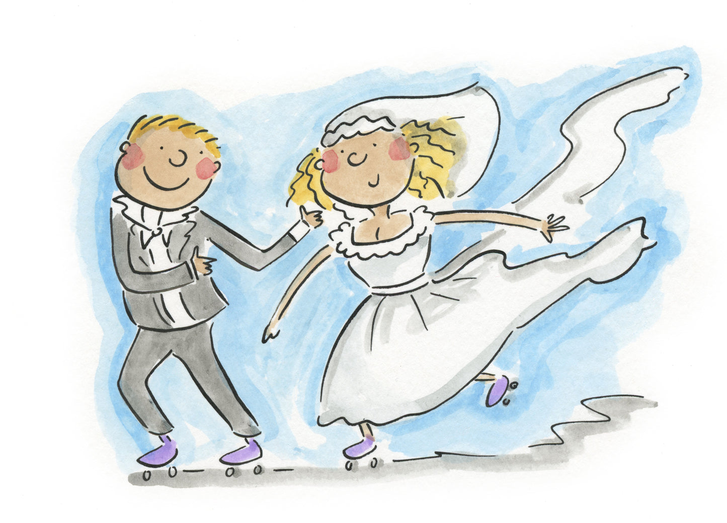 Bride and Groom on Rollerskates original illustration in pen and ink and watercolour by Rosie Brooks