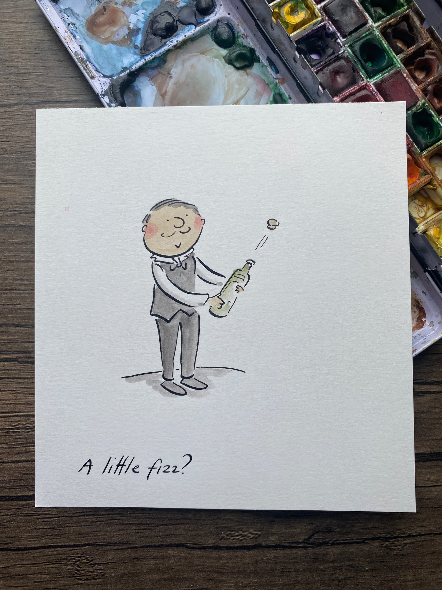 A Little Fizz? original pen and ink and watercolour illustration by Rosie Brooks