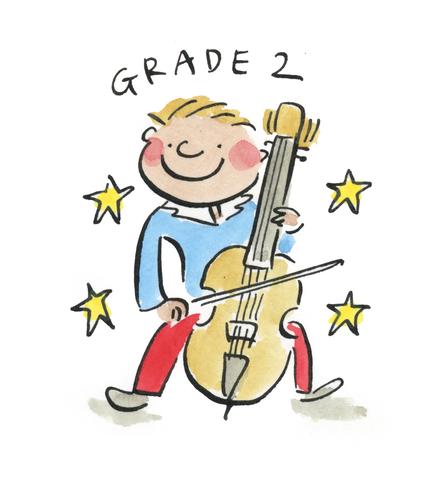 Grade 2 cello original pen and ink and watercolour illustration by Rosie Brooks